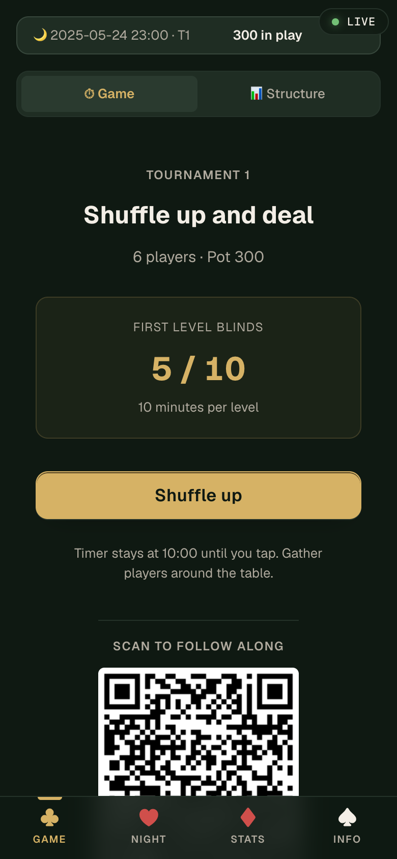PokerStacker shuffle-up screen showing 6 players, blinds 5/10, and QR code