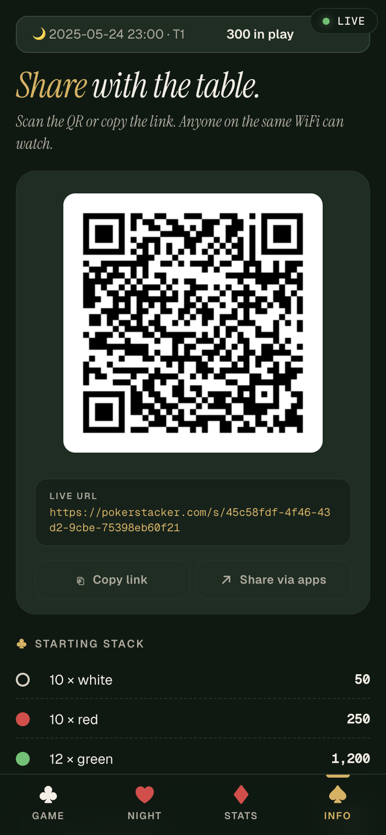 QR code and share link on pokerstacker.com