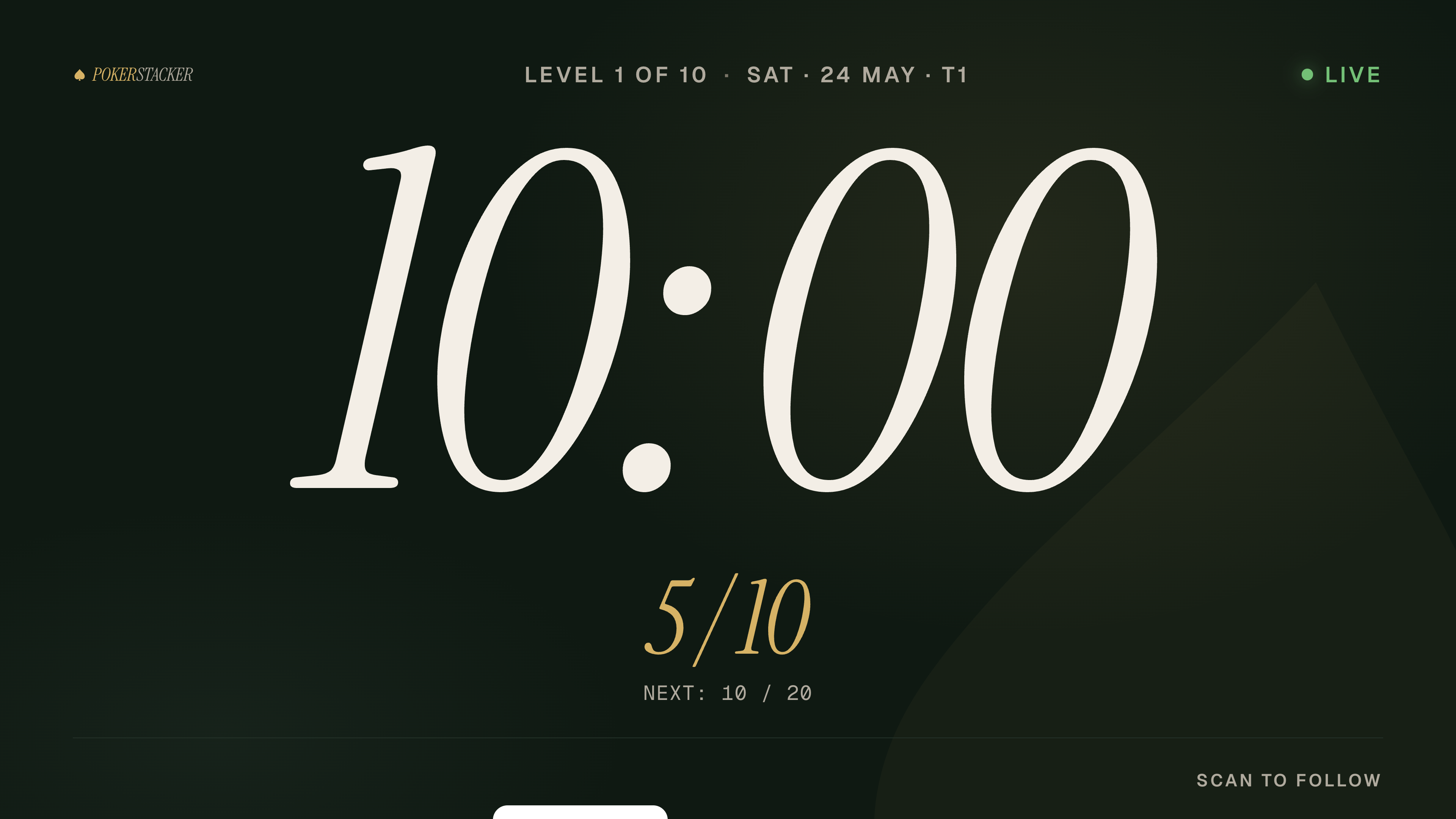 TV cast view showing 10:00 timer, blinds 5/10, and LIVE indicator